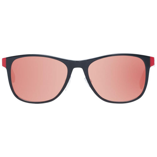 Adidas black men's sunglasses with pink mirrored lenses, full-rim trapezium frame made of plastic, includes branded case, 100% UV protection.