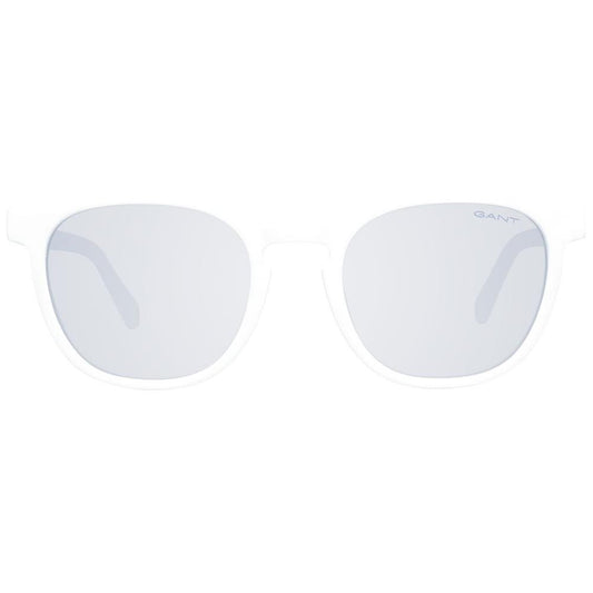Gant white round men's sunglasses with plastic frame, grey mirrored gradient lenses, half-rim style, includes branded case.