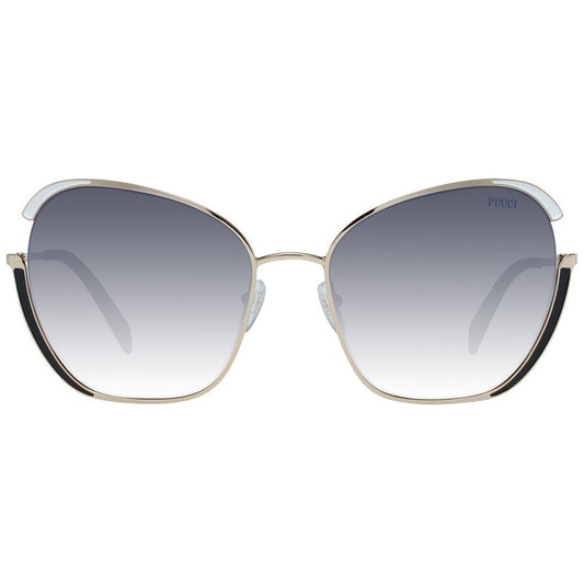 Emilio Pucci gold women's sunglasses with full-rim butterfly design, mirrored gradient grey lenses, and metal frame, size 58-19-135.