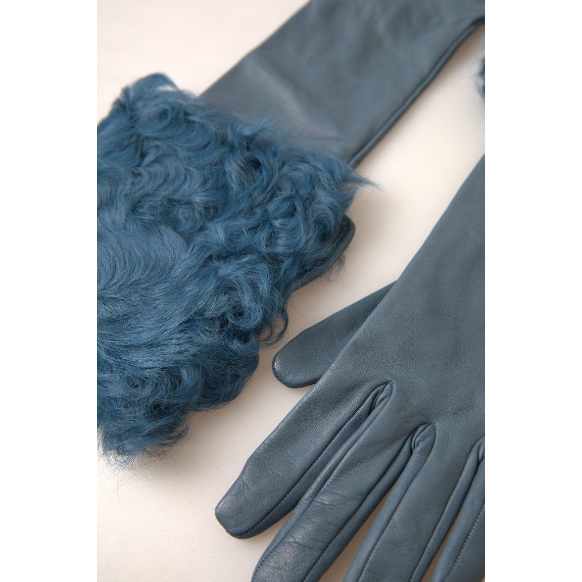 Dolce & Gabbana Blue Leather Fur Mid Arm Length Gloves