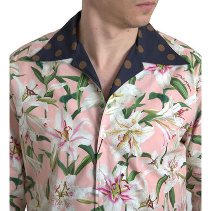 Dolce & Gabbana Cotton Polka Dot Lily Print Collared Shirt