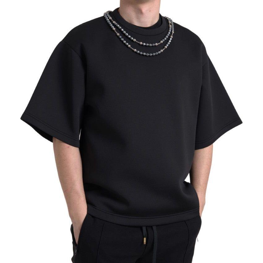 Dolce & Gabbana Black Necklace Embellished Polyester T-shirt