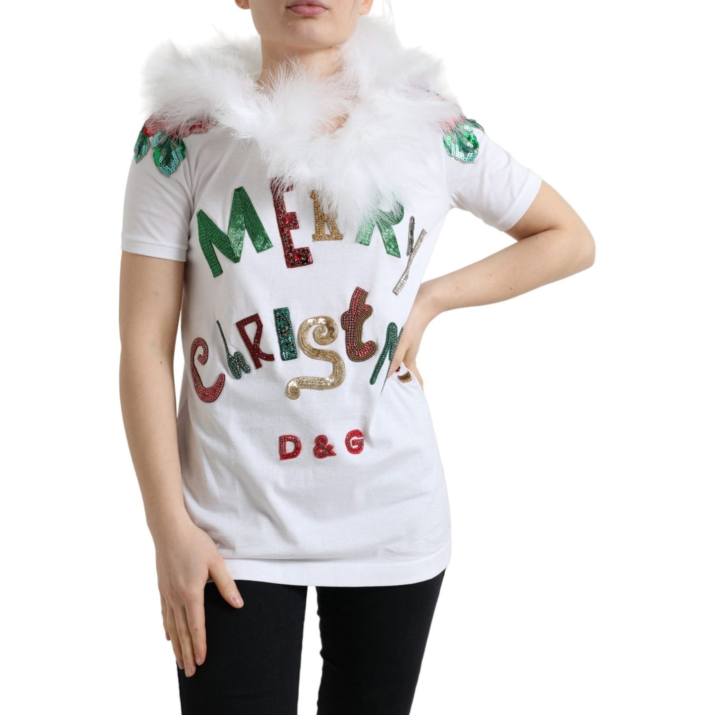 Dolce & Gabbana White Cotton Christmas Sequin Fur T-shirt