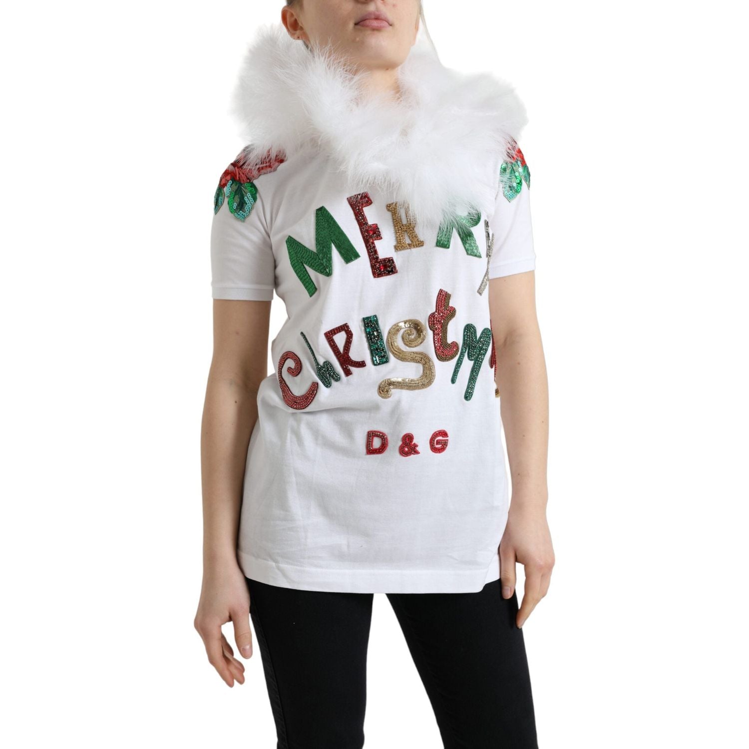 Dolce & Gabbana White Cotton Christmas Sequin Fur T-shirt