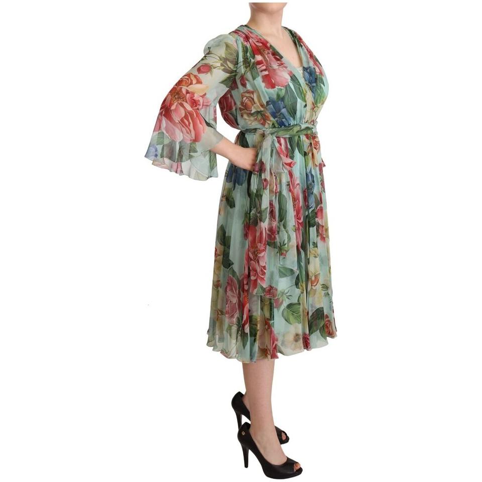 Dolce & Gabbana Multicolor Green Floral Silk Wrap Midi Dress