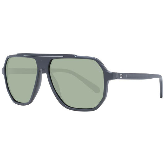 Guess Black men's aviator sunglasses with green lenses, full-rim plastic frame for UVA & UVB protection, includes branded case.
