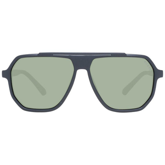 Guess Black Men Sunglasses with green lenses, plastic aviator frame, full-rim style, 100% UVA & UVB protection, includes branded case.