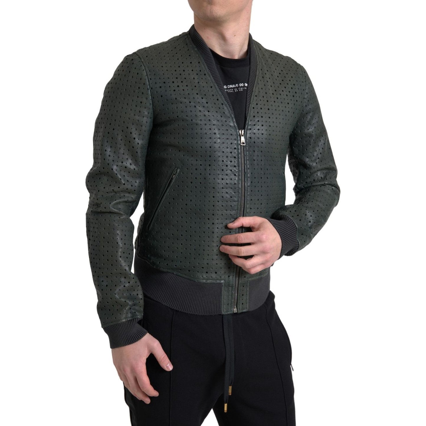 Dolce & Gabbana Green Perforated Leather Bomber Jacket