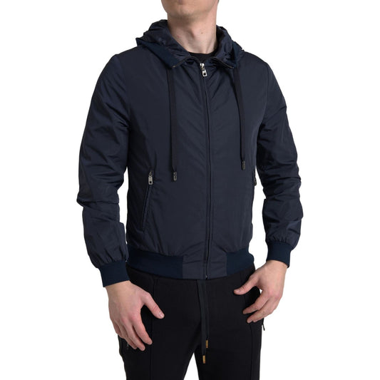 Dolce & Gabbana Blue Hooded Logo Polyester Full Zip Sweater