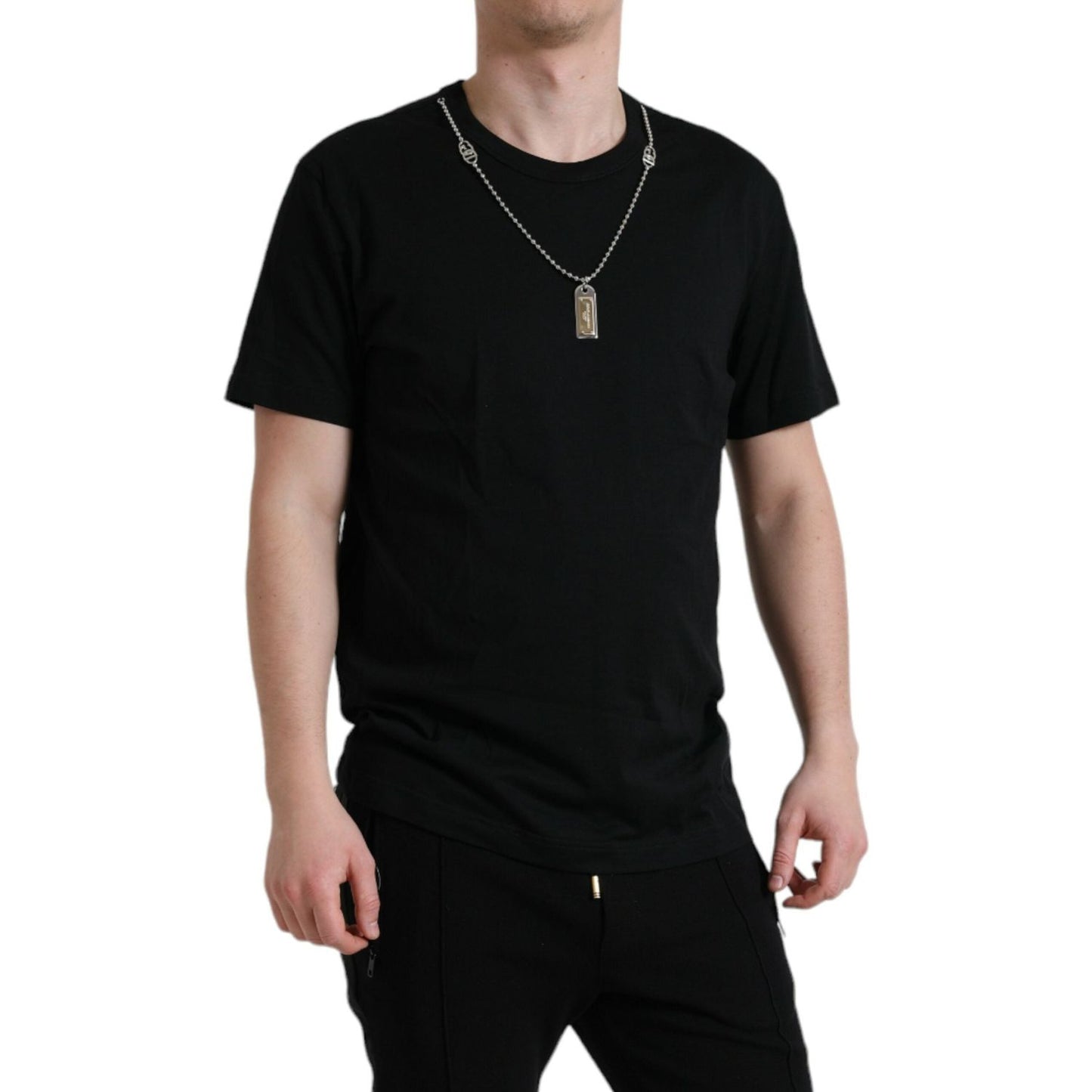 Dolce & Gabbana Black Cotton Dog Tag Round Neck T-shirt TSH84636-52