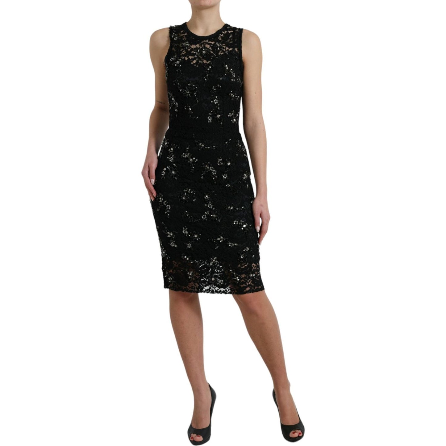 Dolce & Gabbana Black Floral Lace Crystal Sheath Dress