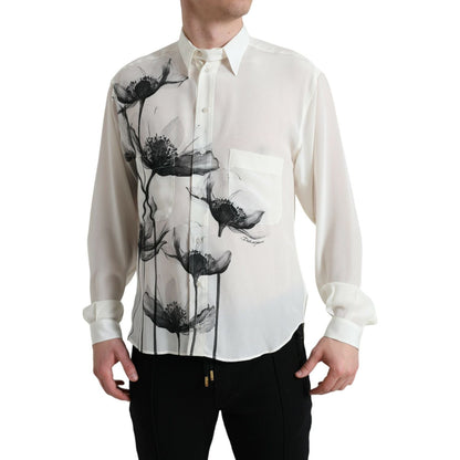Dolce & Gabbana White Floral Collared Dress Silk Shirt