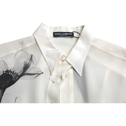 Dolce & Gabbana White Floral Collared Dress Silk Shirt