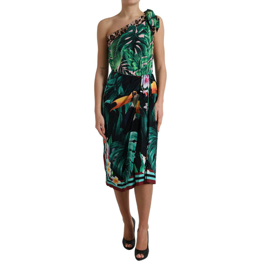Dolce & Gabbana Green Tropical Jungle Print One Shoulder Midi Dress DR28958-42