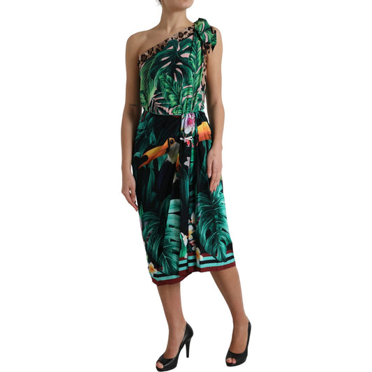 Dolce & Gabbana Green Tropical Jungle Print One Shoulder Midi Dress DR28958-42