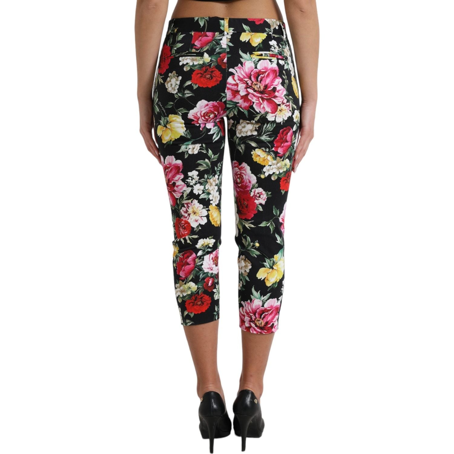 Dolce & Gabbana Black Floral Print Mid Waist Cropped Pants