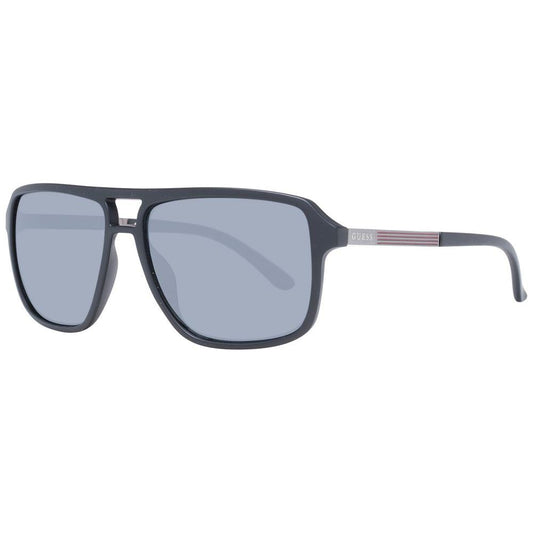 Guess black men's aviator sunglasses with blue lenses, full-rim black plastic frame, 100% UVA & UVB protection, comes with branded case.