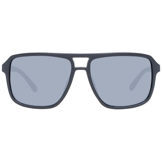 Guess aviator sunglasses for men, black plastic frame with blue lenses, full-rim style, UV protection, includes branded case.