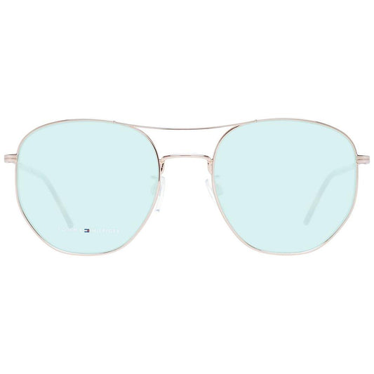 Tommy Hilfiger rose gold unisex aviator sunglasses with green lenses, metal frame, full-rim style, UV protection, size 57-21-145.