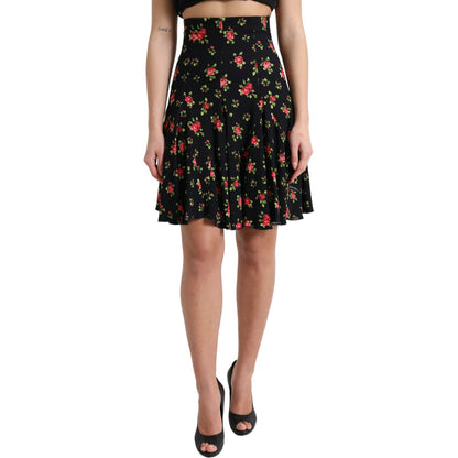 Dolce & Gabbana Black Rose Print High Waist A-line Mini Skirt