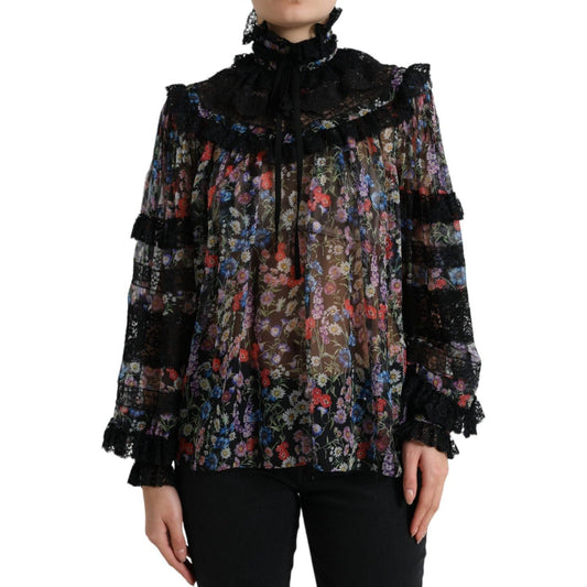 Dolce & Gabbana Elegant Floral Silk Blouse with Lace Trim Dolce & Gabbana Black