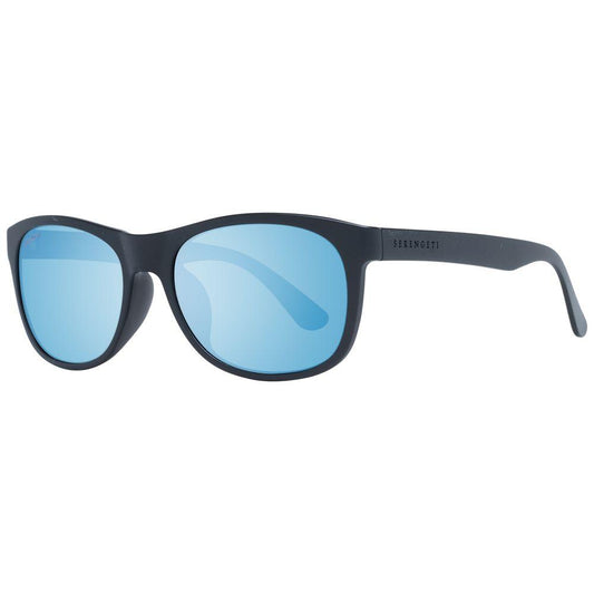 Serengeti black unisex sunglasses with blue mirrored lenses, full-rim plastic frame, rectangle style, providing 100% UVA & UVB protection.