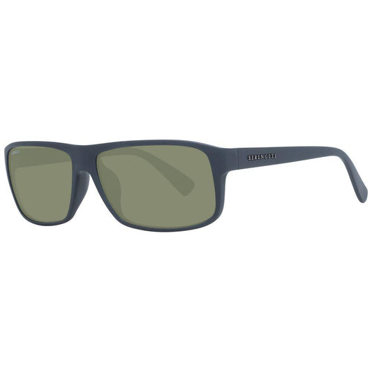 Serengeti Gray Unisex Sunglasses with polarized green lenses, full-rim plastic frame, and 100% UVA/UVB protection, rectangle style.