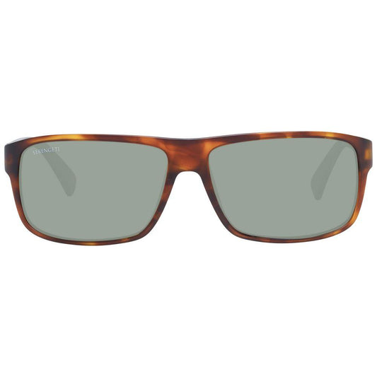 Serengeti brown unisex sunglasses with polarized green lenses, full-rim rectangle plastic frame providing 100% UV protection.