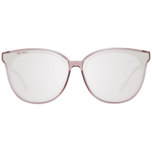 Jimmy Choo pink unisex cat-eye sunglasses with rose full-rim plastic frame, grey mirrored lenses, 100% UVA & UVB protection.
