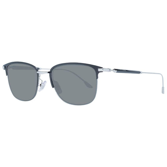 Longines black men's trapezium-style sunglasses with grey plastic lenses, black metal and plastic half-rim frame. 100% UVA/UVB protection.
