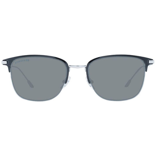 Longines men's black sunglasses with grey lenses, metal & plastic frame, half-rim style, 100% UVA & UVB protection, size 53-19-145.