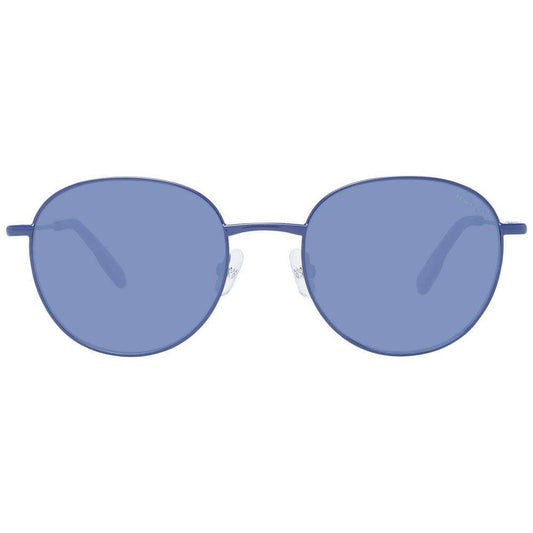 Hackett blue men's sunglasses with round metal frame, full-rim, plastic lenses, 100% UVA & UVB protection. Size 51-19-145.