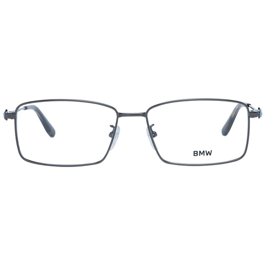 BMW Gray Men Glasses Frame with full-rim trapezium style, gunmetal color, and metal material, includes branded case.