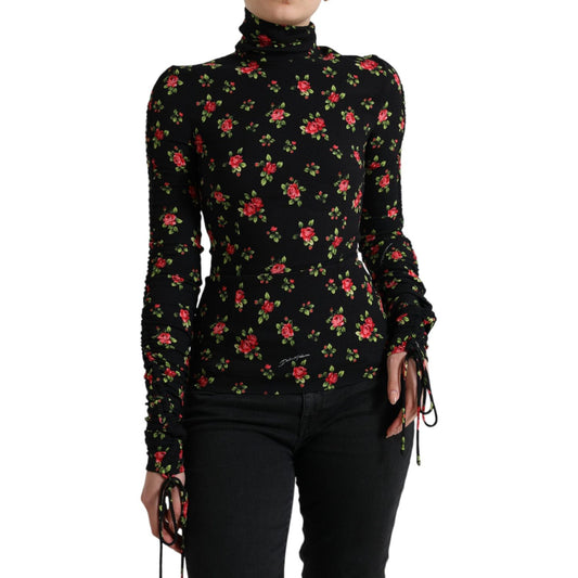 Dolce & Gabbana Black Rose Print Turtle Neck Blouse Top TSH84235-40