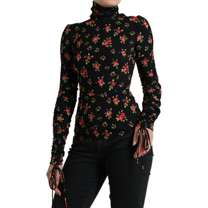 Dolce & Gabbana Black Rose Print Turtle Neck Blouse Top