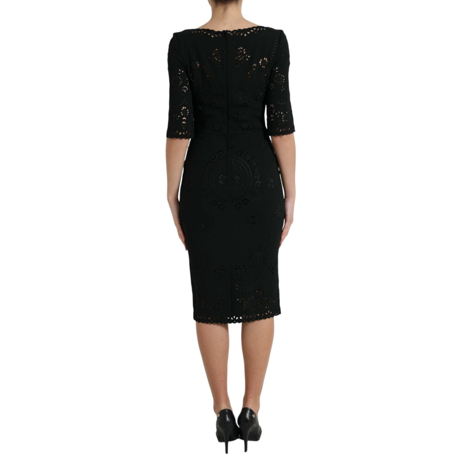Dolce & Gabbana Black Floral Lace Viscose Bodycon Midi Dress