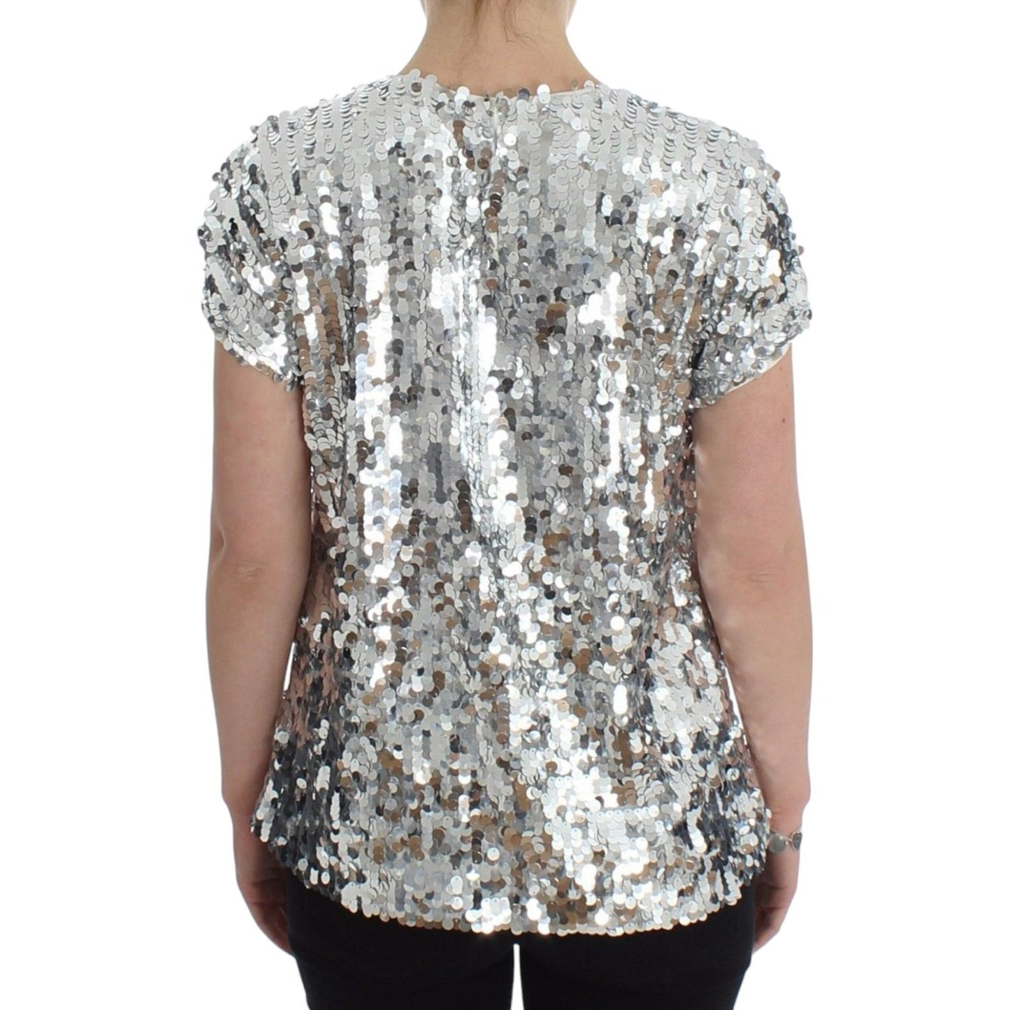 Dolce & Gabbana Silver Sequined Crewneck Blouse T-shirt Top