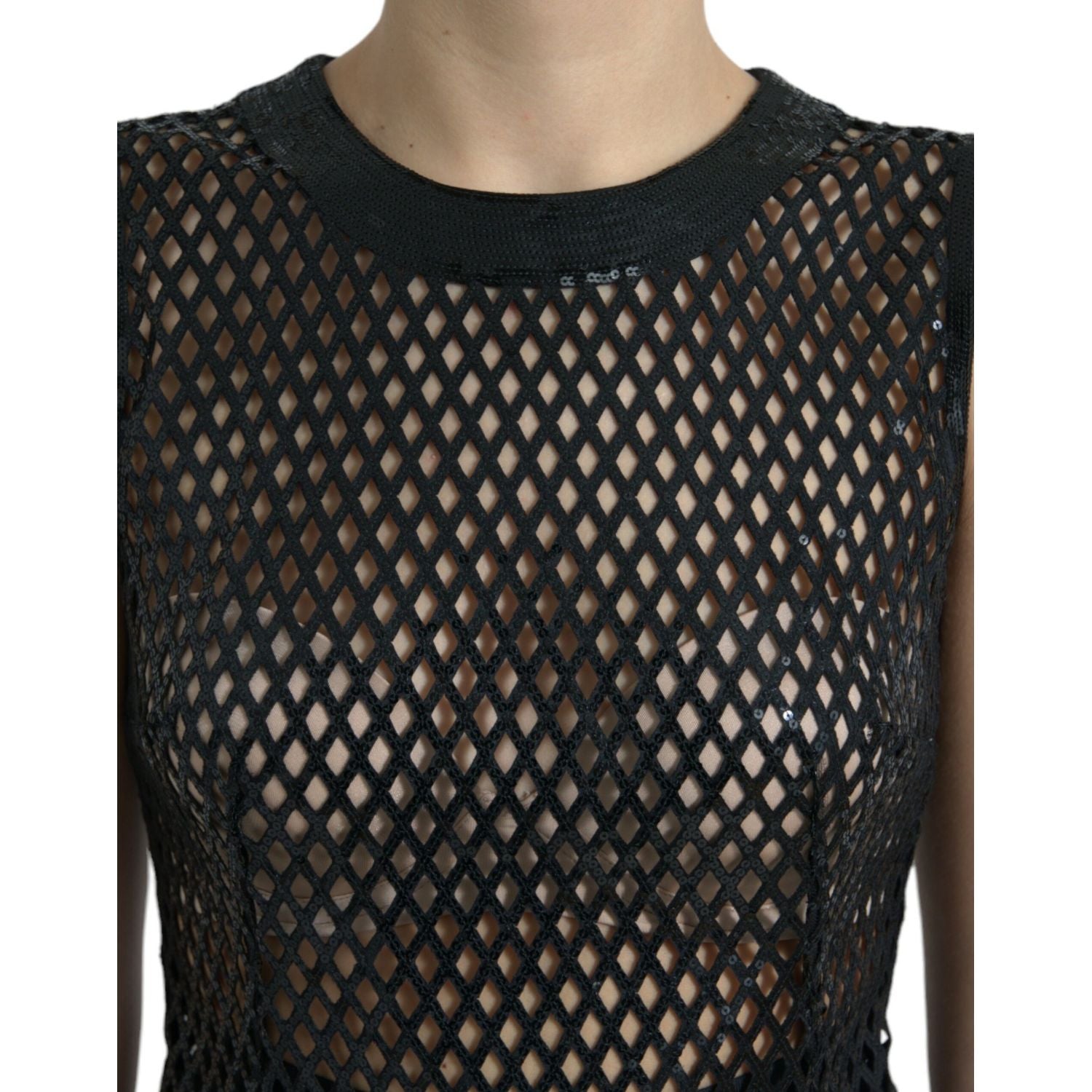 Dolce & Gabbana Black Sequined Sleeveless Mesh Layered Gown Dress