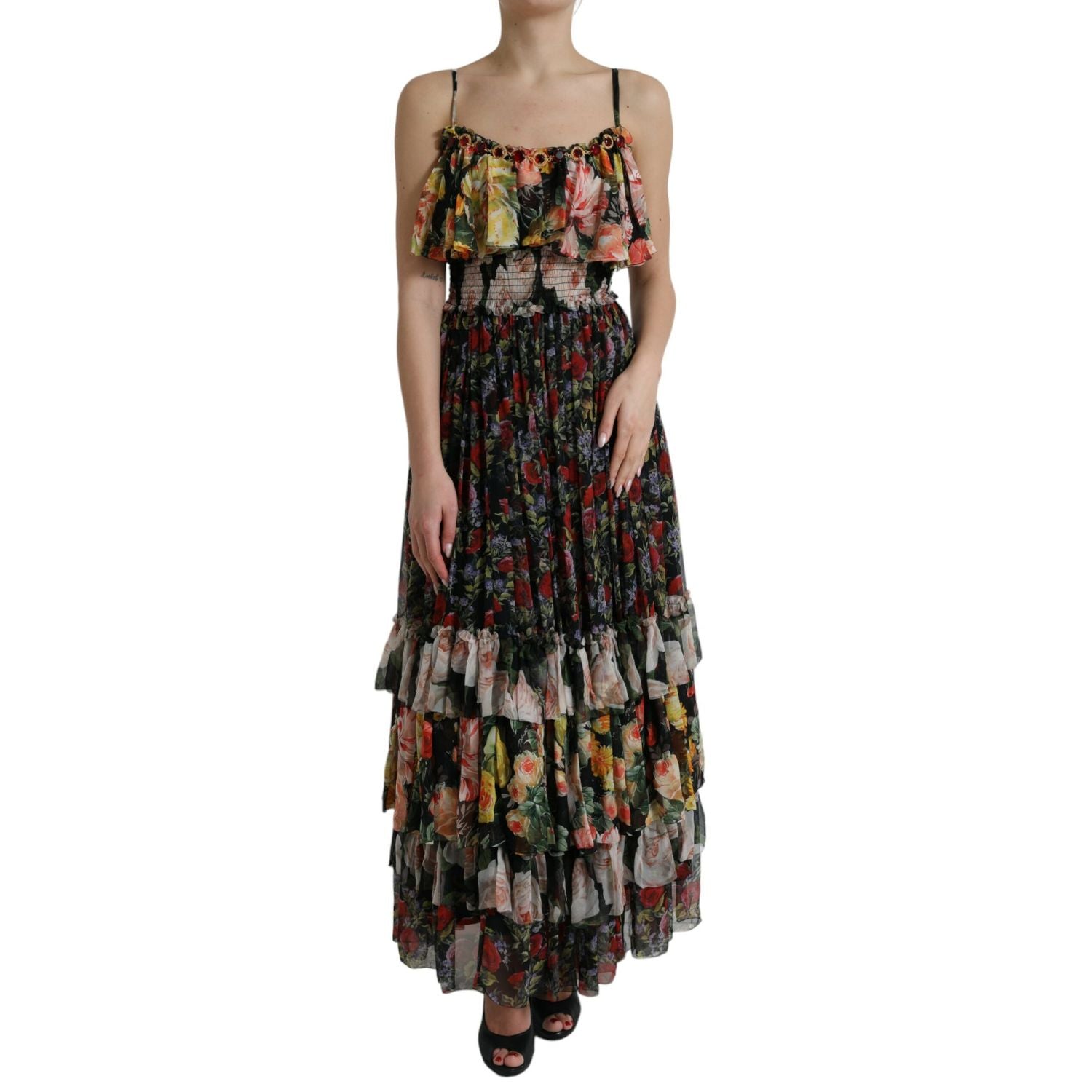 Dolce & Gabbana Multicolor Floral Chiffon Tiered Maxi Dress