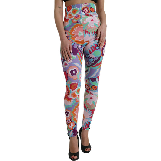 Dolce & Gabbana Enchanting Floral Print High-Waist Leggings Dolce & Gabbana Slate Gray
