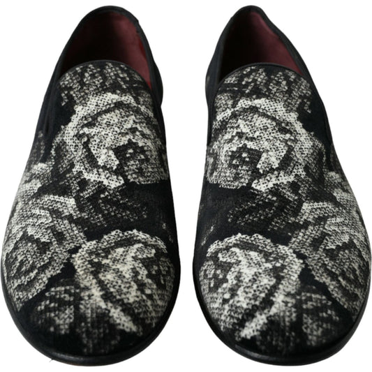 Dolce & Gabbana Black Floral Slippers Men Loafers Dress Shoes MV5374-39