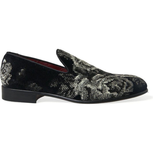 Dolce & Gabbana Black Floral Slippers Men Loafers Dress Shoes MV5374-39