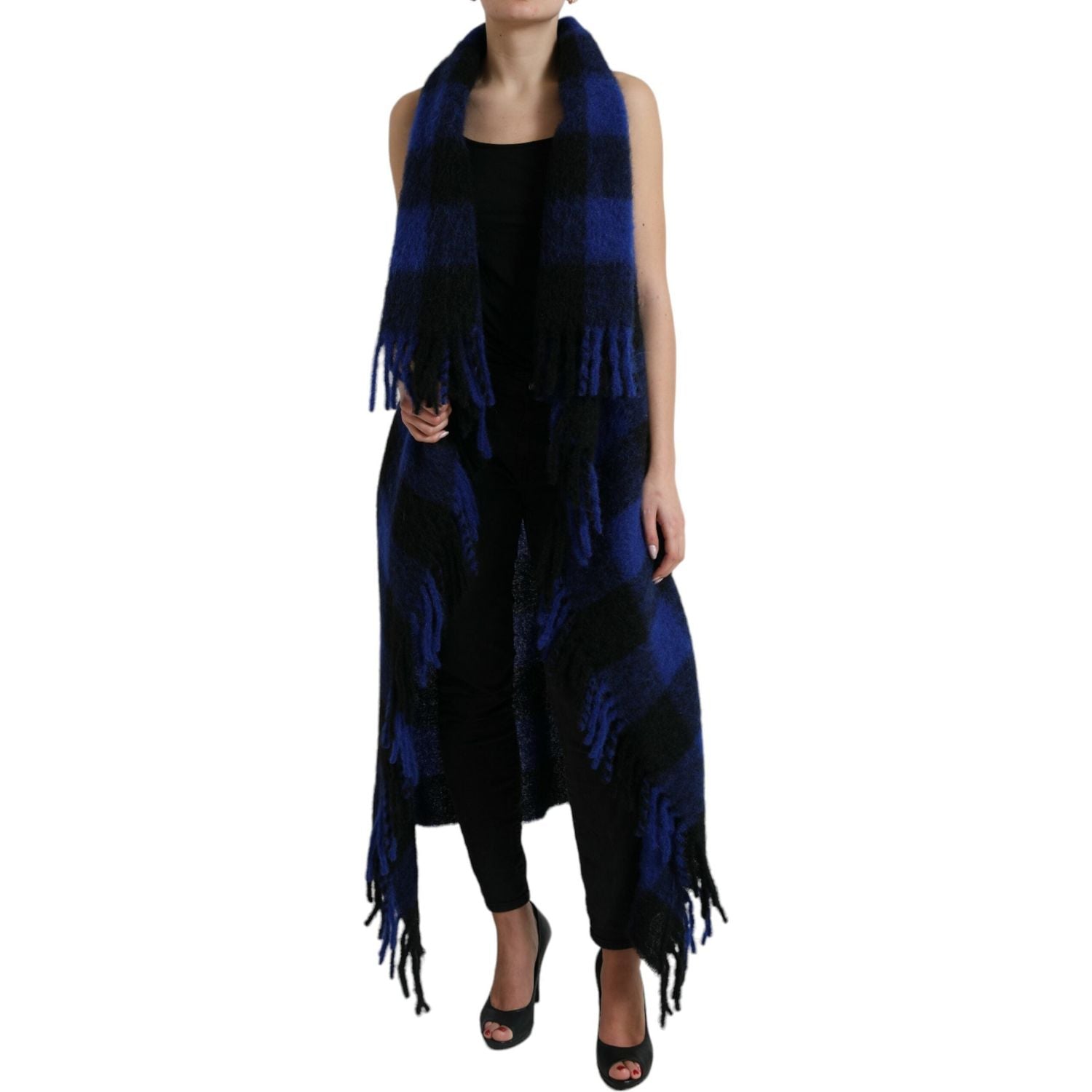 Dolce & Gabbana Black Blue Buffalo Check Poncho Coat Sweater