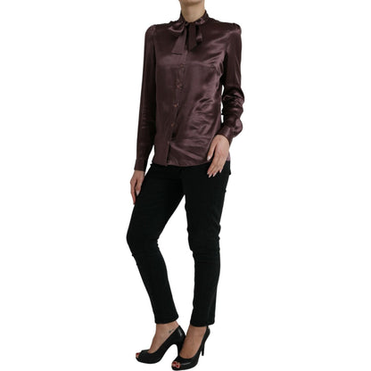 Dolce & Gabbana Brown Silk Ascot Collar Long Sleeve Blouse Top