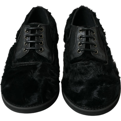 Dolce & Gabbana Black Fur Leather Lace Up Derby Dress Shoes