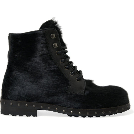 Dolce & Gabbana Black Pony Style Leather Mid Calf Boots Shoes