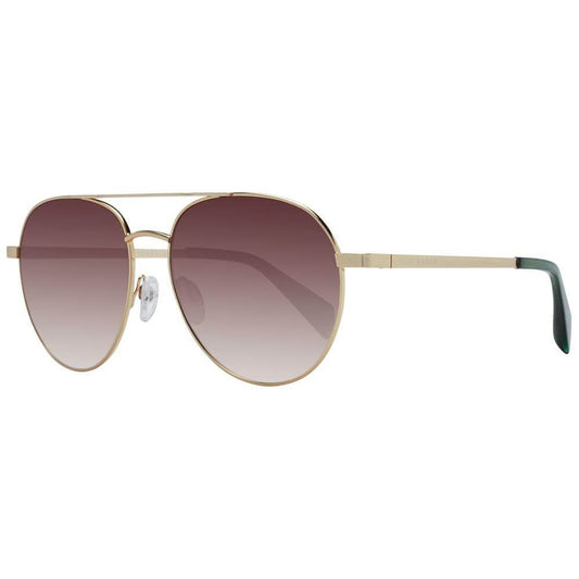 Ted Baker men's aviator sunglasses, gold metal frame, gradient brown lenses, full-rim style, UV protection, includes branded case.