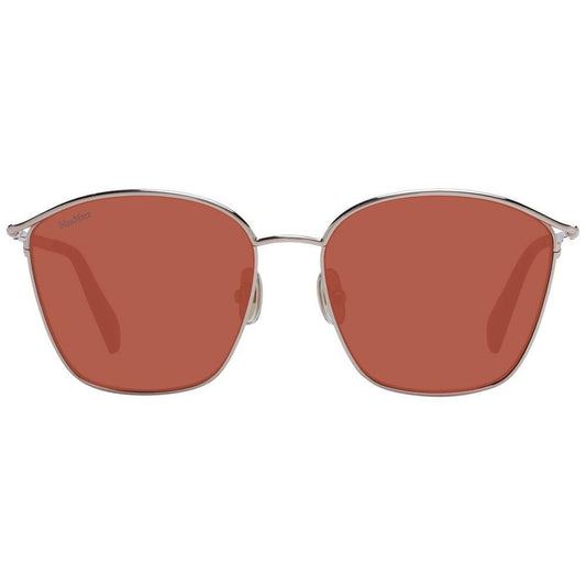 Max Mara Rose Gold Women Sunglasses with brown plastic lenses, metal full-rim frame, size 55-16-135, rectangle style, comes with branded case.