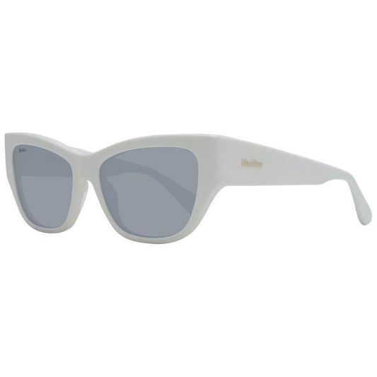 Max Mara white women's sunglasses, full-rim cat eye design, plastic frame, grey mirrored lenses, 100% UVA & UVB protection.