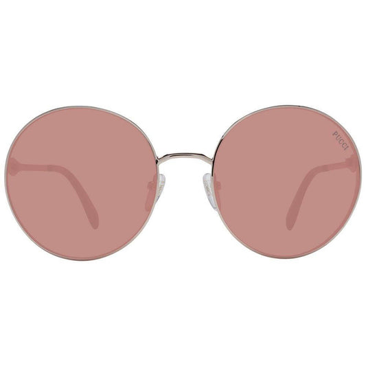 Emilio Pucci rose gold round women's sunglasses with full-rim metal frame and burgundy lenses, includes branded case, UVA & UVB protection.